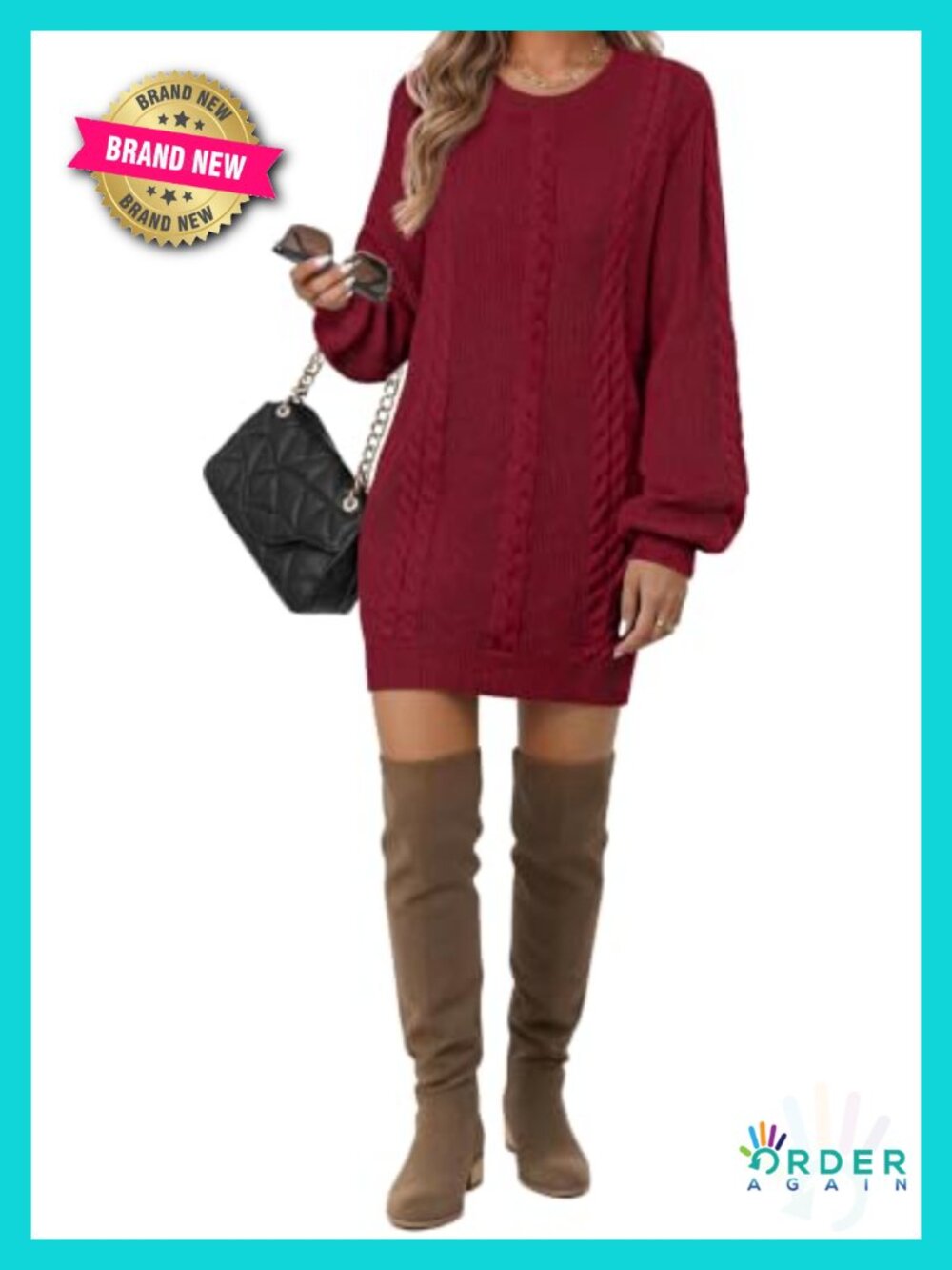 Zeagoo Puff Sleeve Cable Knit Bodycon Sweater Dress Crewneck Below Knee